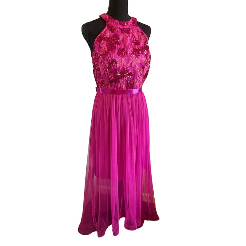Candalite Magenta Floral Sequin Mesh Formal Dress NWT